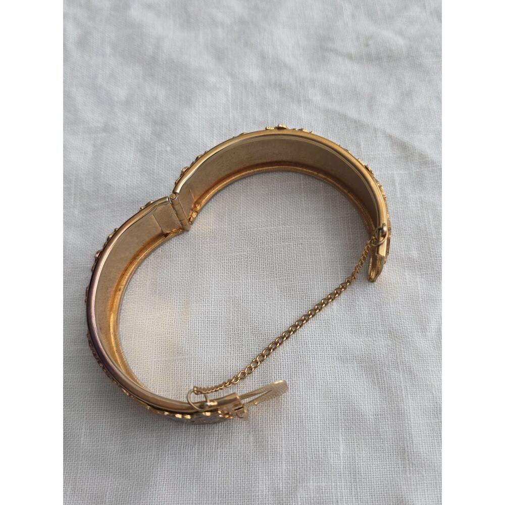 Gold Tone Hinged Bangle Bracelet With Cloisonné Butterflies & Safety Chain - Picture 9 of 12